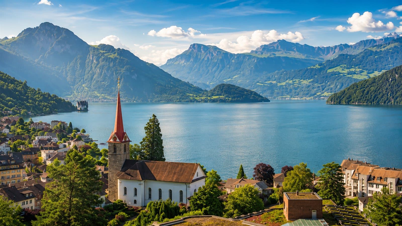 The village of Weggis on the shore of Lake Lucerne, with the Swiss Alps rising in the background